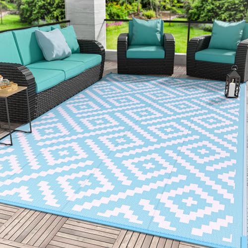 GENIMO Outdoor Rug 4x6 Waterproof, Reversible Mats, Outdoor Area Rug, Plastic Outside Carpet, Eeometric Rv Mat for Patio Camping Rv Picnic Backyard Deck Balcony Porch Beach (Navy Blue & White)
