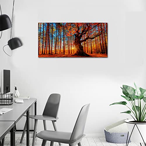 Large Forest Wall Art Forest Sunset Canvas Pictures Red Leaf Trees Landscape Canvas Artwork Contemporary Nature Picture for Living Room Bedroom Home Office Wall Decor Framed Ready to Hang 20" x 40"