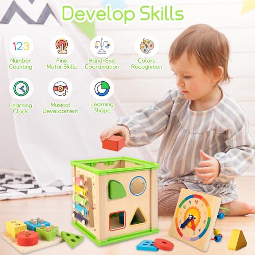 WOODMAM Wooden 7-in-1 Activity Cube| Montessori Toys for 1 2 3 Year Old Toddlers| Baby Educational Developmental Toys |One Year Old Boys Girls First Birthday Gifts |Bonus Sorting & Stacking Board