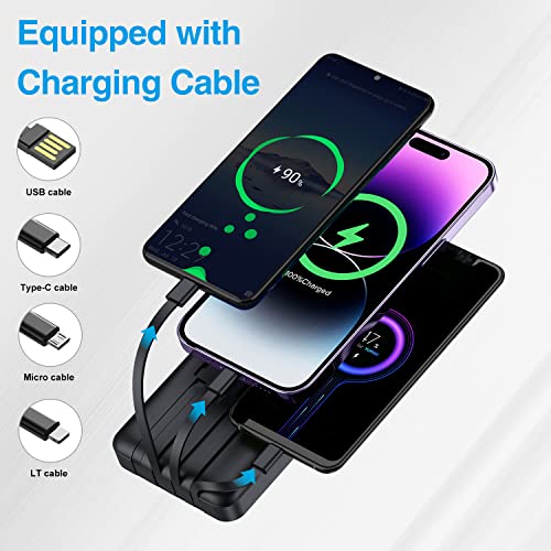 ummz 12000mAh Small Power Bank,Mini Portable Charger Built in 4 Cables,USB C Input/Output with Smart LED Display,External Battery Portable Charger Power Bank for iPhone,Tablet,Samsung