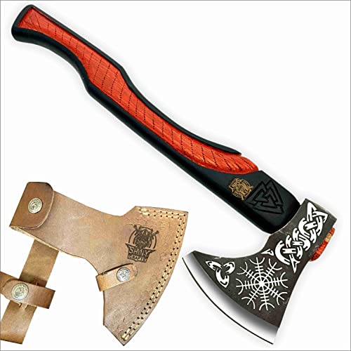 SHINY CRAFTS-Viking axe bearded axe tomahawk birthday gifts-Viking Axe Real, Bearded Axe Real Hatchet Russian Valknut Wood Working Tool with Premium Leather Sheath (SCA-10)