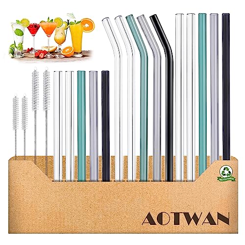 Glass Straws Drinking Reusable Colorful 19 Pack,Size 8.5''x10MM and 6''x10MM,Glass Straws Shatter Resistant Including 10 Straight and 5 Bent with 4 Brushes, Reusable Glass Straws for Cocktail,Juice