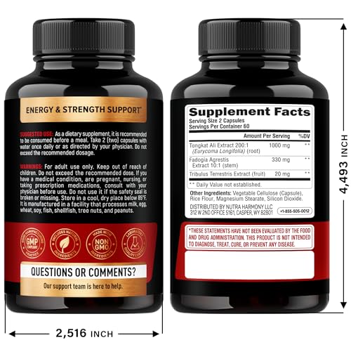 Tongkat Ali Men 1350mg Complex - Fadogia Agrestis | Tribulus Terrestris - Energy, Strength & Performance Support - Extra Strength 200:1 Extract - 3rd Party Tested, Made in USA - 120 Capsules / 2 Month