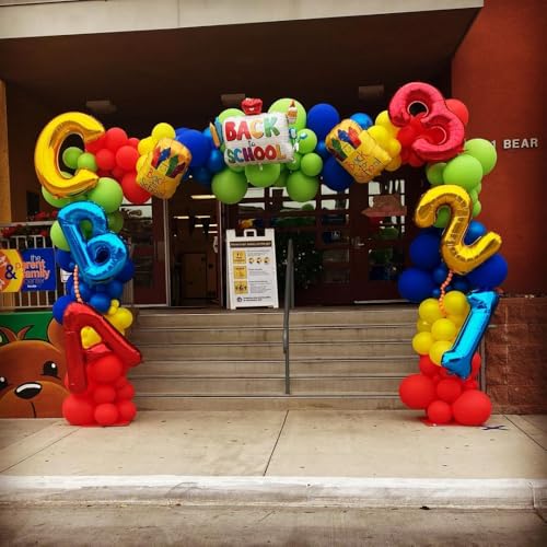 OOPAT Back to School Balloon Garland with 3 foils school Balloon for First Day of School Welcome Students Preschool Kindergarten End Of Summer Party Decor (Rainbow)