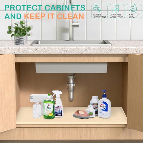 FORWOS Under Sink Mat, 28" x 22" Silicone Mats for Kitchen Waterproof, Under Sink Cabinet Organizers and Storage, Sink and Cabinet Protector, Under Sink Tray for Bathroom (Beige)