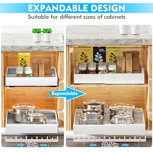 YFXCVSL Pull Out Cabinet Organizer, 1 Pack Expandable(12.6''-20.5'') Pull Out Drawers for Cabinets, Slide Out Cabinet Organizers with Adhesive Nano Film for Kitchen Cabinet Organization (Black)