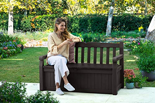 Keter Solana 70 Gallon Storage Bench Deck Box for Patio Furniture, Front Porch Decor and Outdoor Seating – Perfect to Store Garden Tools and Pool Toys, Brown/Brown