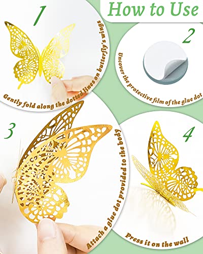 72Pcs 3D Butterfly Wall Decor, Gold Butterfly Fathers Day Decorations, 3 Styles 3 Sizes Removable Butterfly Room Decor Butterfly Wall Stickers for Birthday Party Garden Tea Cake Flower Decorations