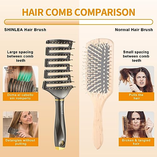 SHINLEA Vented Detangle Hair Brush | Curved Detangling Brush for Blow Drying Curly Thick Hair | Elastic Anti-Tangle Detangler Hairbrush | Professional for Wet & Dry