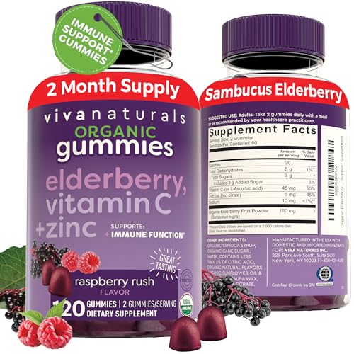 Organic Sambucus Elderberry Gummies with Zinc and Vitamin C (120 Count) - 3 in 1 Black Elderberry Gummies for Adults Immune Support, Chewable Elderberry Supplements, Immunity Gummies