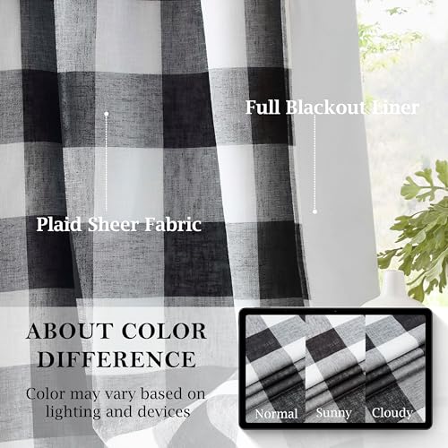 Short Black White Buffalo Plaid Full Blackout Window Curtains with Liner Farmhouse Checkered Geo Pattern Panels Linen Textured Drapes Grommet Window Treatment for Bedroom,Living Room,40"x63"x2