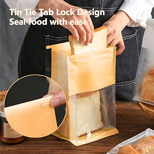 GOULIKFUL Heavy Duty 50PCS Kraft Paper Bread Bags with Tin Tie Tab Lock, Loaf Bag with Clear Front Window, Storage Packaging Treat Bag for Bakery Cafe Homemade Bread 10.2”× 5.1”× 6.3”