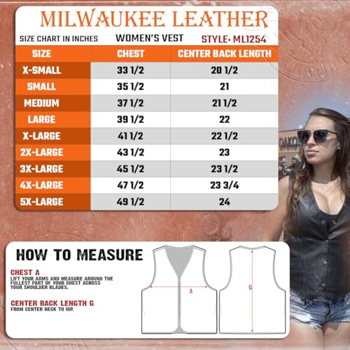 Milwaukee Leather ML1254 Women's Black Naked Leather Side Lace Motorcycle Rider Vest W/Milwaukee Logo Snaps Closure - X-Small