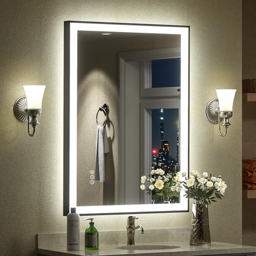 44x32 LED Bathroom Mirror with Black Frame, Dimmable Vanity Mirror with Lights for Wall, Backlit and Front Lighted, Memory, Anti-Fog (Horizontal/Vertical)