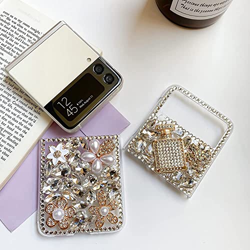 Poowear for Samsung Galaxy Z Flip 4 5G Case,Luxury Bling Diamond Rhinestone Gemstone 3D Perfume Bottle and Flower Gemstone Soft TPU Back Cover Case for Women Girls with Galaxy Z Flip 4 5G (2022)