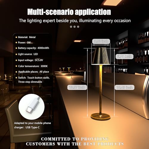 Timjorman Modern LED Cordless Table Lamp, 4000mAh Rechargeable Battery, 3 Level Brightness Night Light, Metal Shell, Minimalist Design, for Couples Dinner/Coffee Table/Restaurant/Bedroom, Black