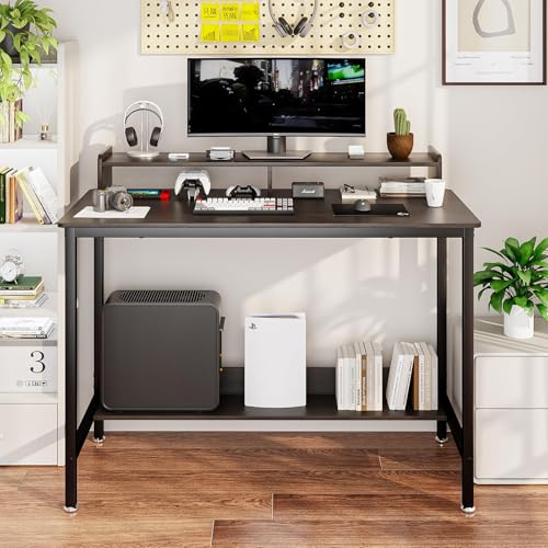WOODYNLUX Computer Desk with Shelves, 43 Inch Gaming Writing Desk, Study PC Table Workstation with Storage for Home Office, Living Room, Bedroom, Metal Frame, Carbon Black