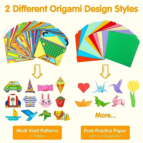 Mocoosy 224 Sheets Origami Paper Kit for Kids Ages 8-12, Square Color Folding Paper Set with 72 Pattern & Origami Book, Art and Craft Supplies Boys Girls 5-8 9-12 Car Travel Road Trip Game Activities