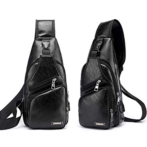 Peicees Leather Sling Bag Mens Crossbody Chest Bag Sling Backpack with USB Charge Port
