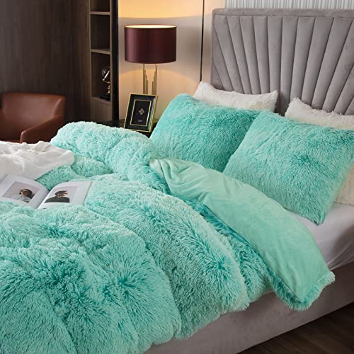 EMME Luxury Fuzzy Duvet Cover Set Twin Size Fluffy Comforter Cover Set for Twin Bed Shaggy and Plush Soft Bedding Duvet Covers (Aqua, Twin)