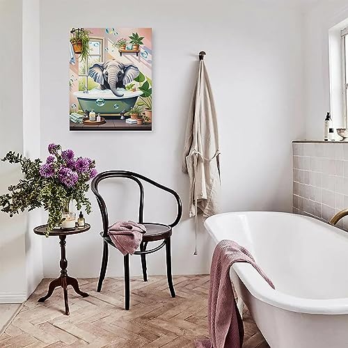 DOARTDO Elephant Bathroom Canvas Wall Art Funny Animal Pictures Print Elephant in Bathtub Painting Pink Background Toilet Decor Frame (11.00" x 14.00", Elephant - 2)