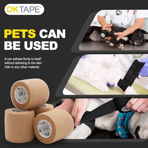 OK TAPE 12 Rolls Self Adhesive Bandage Wrap, Elastic Athletic Tape, Self Stick Bandage Tape, Vet Wrap, Medical Wrap for Wrist, Feet, 2" x 5 Yards - Beige