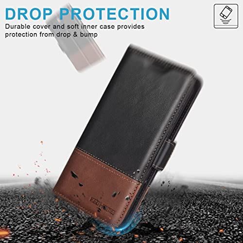 KEZiHOME Compatible with iPhone 14 Plus Case, [RFID Blocking] Genuine Leather Wallet Case [Credit Card Holder] [TPU Inner Shell] Shockproof Stand Flip Cover for iPhone 14 Plus 6.7'' (Black/Brown)