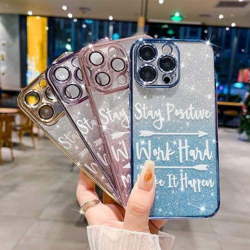 MGQILING Compatible with iPhone 14 Pro Max, Fashion Plating Pattern Slogan Bling Case, Handwritten Letter and Cupid's Arrow Design Case for Women Girls Full Camera Lens Protective Back Cover-Blue