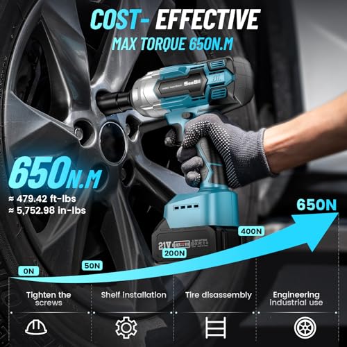 Seesii Cordless Impact Wrench, Brushless Impact Wrench 1/2 inch Max Torque 479 Ft-lbs(650Nm), 3300RPM w/ 2x 4.0 Battery, 6 Sockets,9 Drill,6 Screws, High Torque Power Impact Wrench for Car Home, WH700