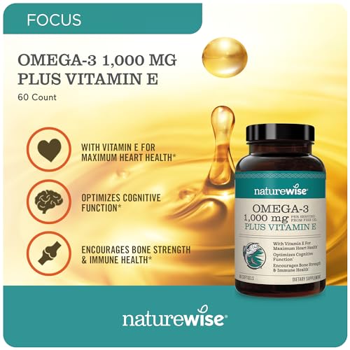 NatureWise Extra-Strength Omega 3 Fish Oil Supplement - 1000mg per Serving - 600 EPA & 400 DHA and Vitamin E - Support for Heart & Brain Health - Lemon Flavor, Non-GMO - 60 Softgels[1-Month Supply]