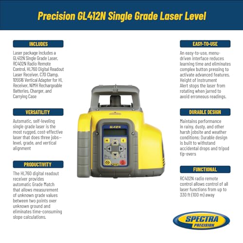 Spectra Precision GL412N Single Grade Laser Level, Automatic Self-Leveling with HL760 Receiver and Clamp, Radio Remote Control, Rechargeable Batteries, Charger, Case
