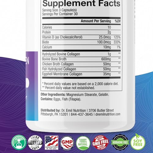 DR. EMIL NUTRITION Multi Collagen Peptides Plus Biotin and Vitamin D - Biotin and Collagen Supplements for Hair Skin and Nails - Biotin Pills for Hair Growth