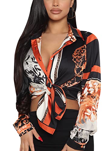 BessCops Sexy Blouse for Women Trendy Blouses & Button-Down Shirts Chiffon Colorful Floral Print Loose Collar Long Sleeve Tops