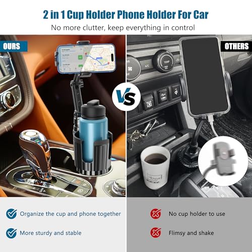 Cup Holder Phone Mount for Car, Car Cup Holder Phone Holder with Expandable Base, 2 in 1 Cup Phone Holder Adapter for Car, 360 Degree Rotating Neck, Fits All 4-7” Smartphones and Most Bottles