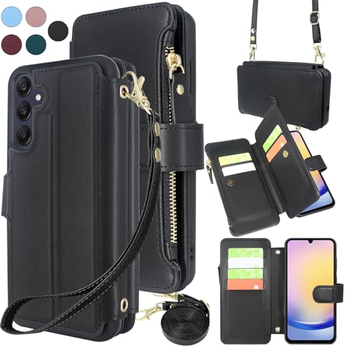 Harryshell Crossbody for Samsung Galaxy A25 5G Case Wallet [8 Card Slots] with [Theft-Scan Blocking],Cash Coin Zipper Pocket Long Shoulder & Wrist Strap for A25 5G (2024) (Black)