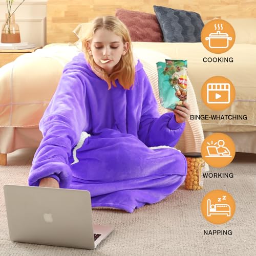 yescool Wearable Blanket Hoodie, Flannel Sherpa Fleece Blanket Sweatshirt for Adults Women Men, Big Plush Cozy Hooded Blanket with Hood, Pocket & Sleeves, Largre, One Size Fits All (Rainbow)