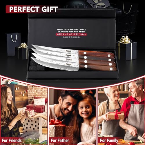 Huusk Knife Set, Steak Knives Set of 4, Japanese Steel Kitchen Steak Knives 4.9 Inch With Wood Handle, Non-serrated Meat Knife with Damascus Pattern, Full Tang Dinner Knife With Gift Box