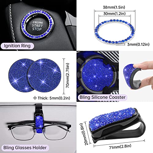 ARTILAURA 19 Pack Bling Car Accessories for Women Steering Wheel Seat Belt Gear Shift Cover Phone Holder Cup Coasters Cute AUTO Accessories Kit (Blue)