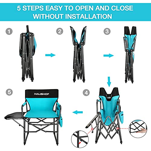 HAUSHOF Camping Chair with Side Table and Storage Pockets, Portable Folding Directors Chair, Heavy Duty Camp Chair for Adults Outdoor Fishing Beach, Green