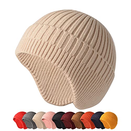 HiRui Knitted Beanie Hats Winter Hats Ear Covers for Men Women Kids Warm Slouchy (Beige)