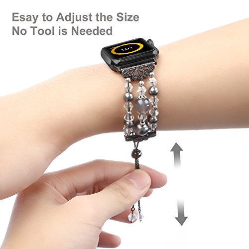 TOMAZON Beaded Bracelet Compatible with Apple Watch Band 38mm 40mm 41mm Series Ultra 8 7 6 SE 5, Glitter Crystal Pearl Elastic Stretch Adjustable iWatch Wristbands for Women Girls(Blue/Silver)