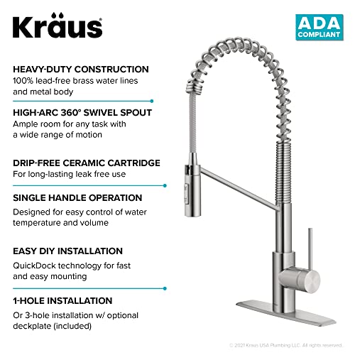 KRAUS Oletto Commercial Style Single Handle Pull Down Kitchen Faucet with QuickDock Top Mount Installation Assembly in Spot Free Stainless Steel, KPF-2631SFS
