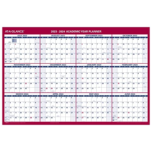 AT-A-GLANCE 2023-2024 Erasable Calendar, Dry Erase Wall Planner, 36" x 24", Large, Academic & Regular Year, Double Sided, Horizontal (PM200S2824)