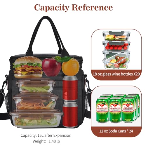 LOKASS Lunch Bag & Lunch Box for Men Women - Double Deck Expandable Insulated Waterproof Leakproof Cooler Bag for Work/Picnic - Grey