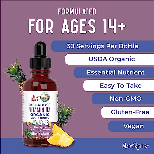 MaryRuth Organics Vitamin D3 Liquid Drops | Megadose 4000 IU | USDA Organic Liquid Vitamin D Spray for Adults & Kids | Immune Support & Bone Health | Vegan | Gluten Free | Non-GMO | 30 Servings