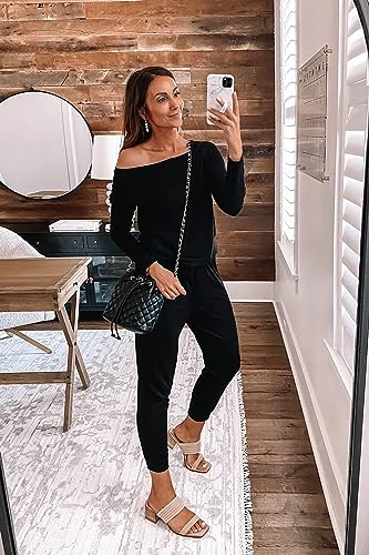 PRETTYGARDEN Women's Casual Long Sleeve Jumpsuit Crewneck Off Shoulder Elastic Waist Stretchy Romper (Wine Red,Medium)