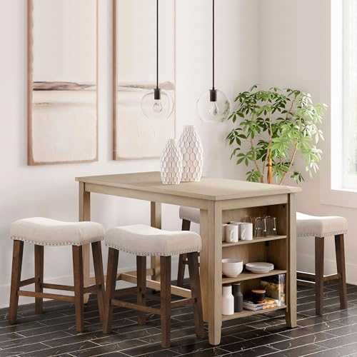 Larksperal 24" Counter Height Bar Stools - Modern Backless Kitchen Island Saddle Barstools Chairs with Footrest, Solid Wood Legs & Nailhead Trim Linen Fabric Cushion, Beige, Set of 2