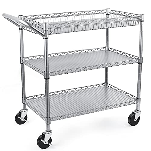 WDT Heavy Duty 3 Tier Utility Cart,Wire Rolling Cart with Wheels, Commercial Grade Service Cart with Shelving Liners and Handle Bar Metal Carts for Kitchen Office Hardware (750LBS Capacity Black)