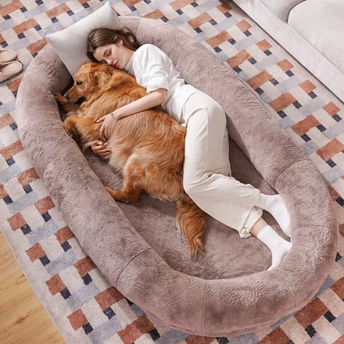 Human Dog Bed for Adult People 72"×48"×10" Giant Dog Bed for Adult Pet with Blanket and Storage Pocket, Washable Fur Cover, Camel