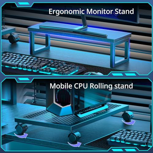 DOMICON Gaming Desk Computer Desk with Storage, L Shaped Desk with Power Outlet & LED Strip, Office Desk with Pegboard, Corner Deck for Home Office Black